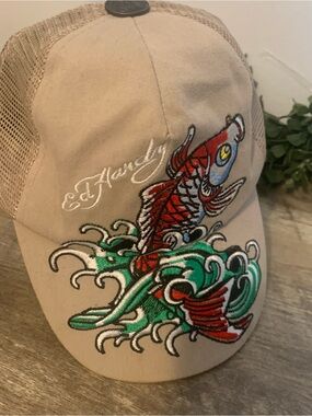 Ed Hardy Tan Trucker Cap with Red Koi & Green Wave Embroidery Vintage Tatoowear Ed Hardy Koi Fish Tattoo Vintage Trucker Hat Y2K Beige | eBay main image 4